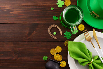 Cheers to St. Pat: dancing, laughter, and celtic charm. Top view photo of plates, cutlery, napkin,...
