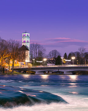 Town of Bihac with beautiful Una river and Una bridge in Una-Sana Canton in Bosnia and Herzegovina. Morning photo from Prekounje	