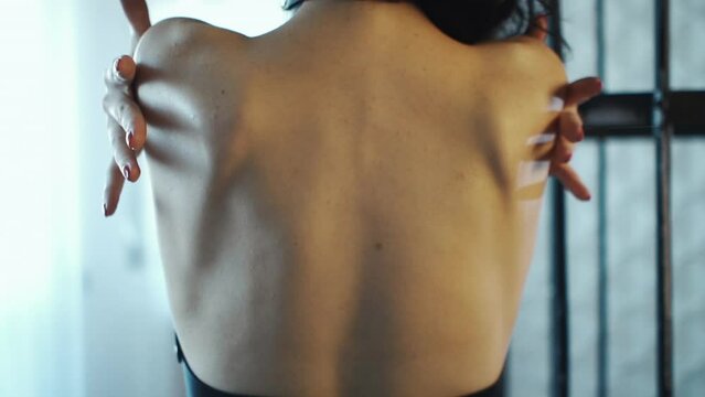 sexy nude stripper woman in black leather belt or corset and bondage, sensual striptease female in bdsm seductive lingerie, sex role play