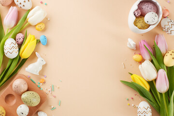 A charming Easter happening. Top view flat lay of egg-shaped saucer, eggs, ceramic rabbits, bunny...
