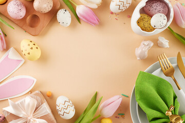 Fototapeta na wymiar Easter bliss: a time of hope and new beginnings. Top view flat lay of plates, eggs, cutlery, napkin, rabbits, bunny ears, sugar sprinkles, gift box, tulips on beige background with space for text