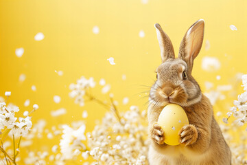 Fototapeta premium cute brown bunny holds out a yellow easter egg isolated on light pastel yellow background with floral confetti