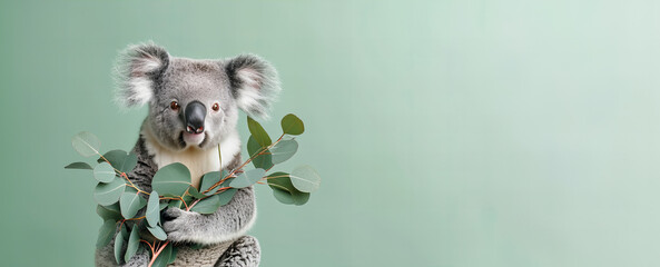 cute koala holds out an eucalyptus isolated on light pastel green background with copy space - obrazy, fototapety, plakaty