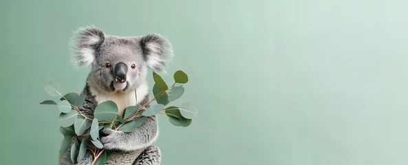 Poster Im Rahmen cute koala holds out an eucalyptus isolated on light pastel green background with copy space © ALL YOU NEED