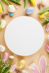 Joyful Easter moments: a celebration of renewal and rebirth. Top view vertical flat lay of eggs, feathers, bunny ears, aromatic tulips on beige background with blank circle for greeting or advert