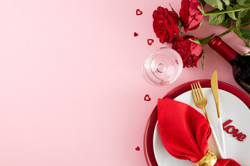 Cherished Moments: Valentine's Day Festivities. Top view shot of plates, cutlery, red hearts, fresh...