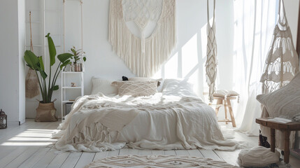 Scandi-boho style bedroom. Generative Ai