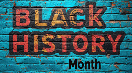 Black History Month text graffiti on blue brick background.
