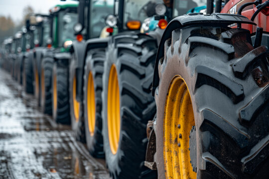 Many tractors blocked city streets and caused traffic jams in city. Agricultural workers protesting against tax increases, changes in law, abolition of benefits on protest rally in street