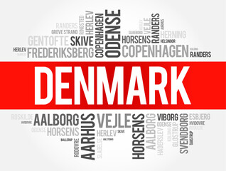 List of cities and towns in Denmark, word cloud collage, business and travel concept background