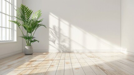 empty white room with a wooden floor and a potted plant generative ai