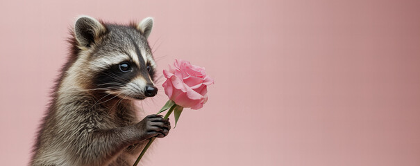 raccoon holds out a pink rose isolated on light pastel pink background with copy space