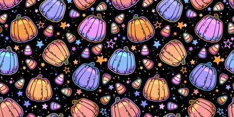 Vector seamless background. Pattern of colorful cute drawn pumpkins and candies. Halloween motif - obrazy, fototapety, plakaty