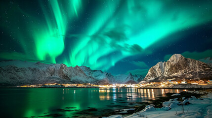 Glowing green Northern Lights Aurora . Generative Ai