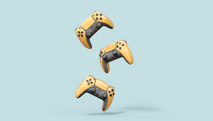 Realistic yellow video game joysticks or gamepads on grey background © Vasyl Onyskiv