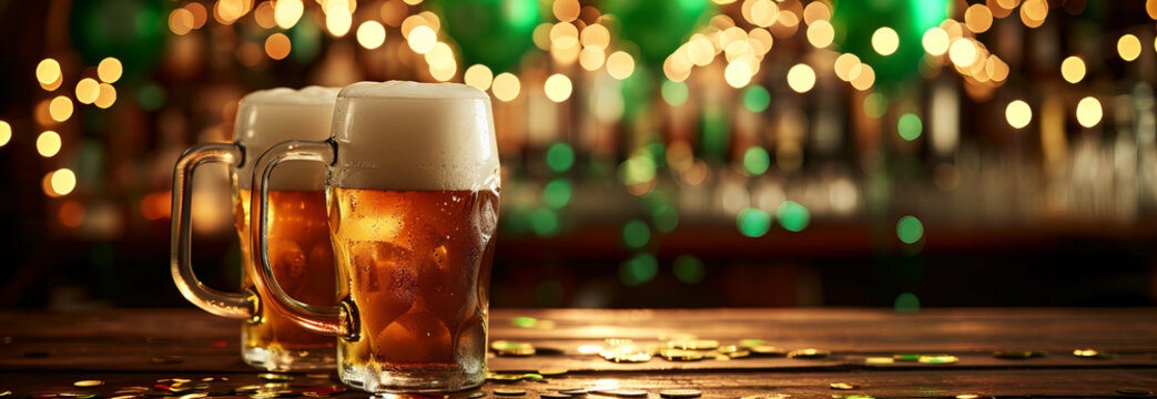 two pint of beer on a wooden table. Irish pub. in the background of green balloons and confetti. festive atmosphere of st patrick's day	