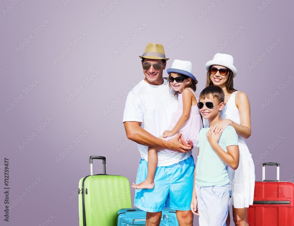 Poster traveler parents with child hold bags