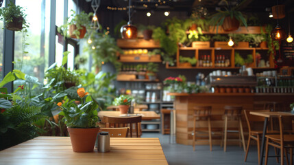 Alternative café with plants and wooden furniture
