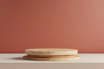 Holzpodium der Eleganz: Leeres Podium mit Holzstruktur für stilvolle Produktpräsentationen auf neutralem Hintergrund