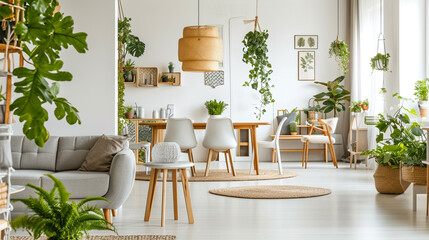 Stylish and botany interior of dining room with design craft wooden table. Generative Ai