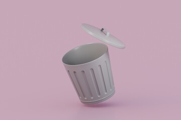 3D open gray trash floating icon isolated on pink pastel background, environment concept, waste. minimal cartoon.3D Rendering. Banner, a place for text, copy space.