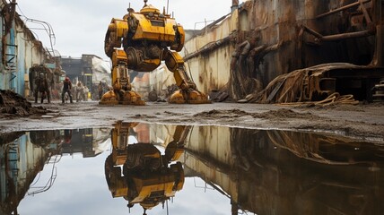 A saddened robot, weathered and worn, gazing at its own reflection in a pool of rainwater amidst the ruins of a factory  -Generative Ai - obrazy, fototapety, plakaty