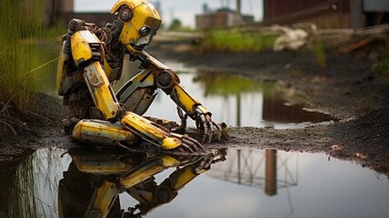A saddened robot, weathered and worn, gazing at its own reflection in a pool of rainwater amidst the ruins of a factory  -Generative Ai