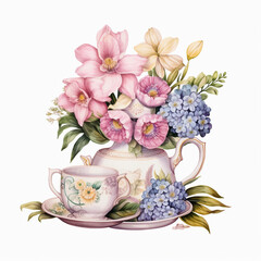 Obraz na płótnie Canvas water color bouquet of flowers in a tea pot clip art 