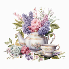 water color bouquet of flowers in a tea pot clip art 