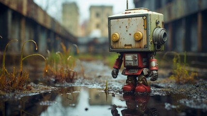 A saddened robot, weathered and worn, gazing at its own reflection in a pool of rainwater amidst the ruins of a factory  -Generative Ai - obrazy, fototapety, plakaty