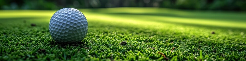 Naklejka premium Close up of a golf ball on the green grass. Banner
