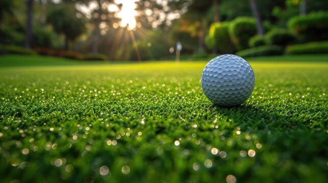 Close up of a golf ball on the green grass. Banner