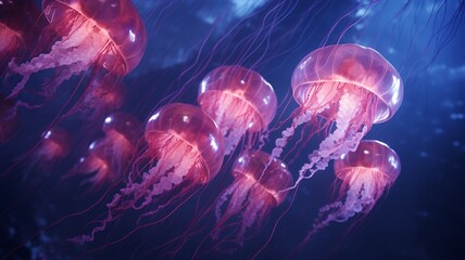 A school of jellyfish gracefully gliding through the water, illuminated by the soft glow of bioluminescence  -Generative Ai