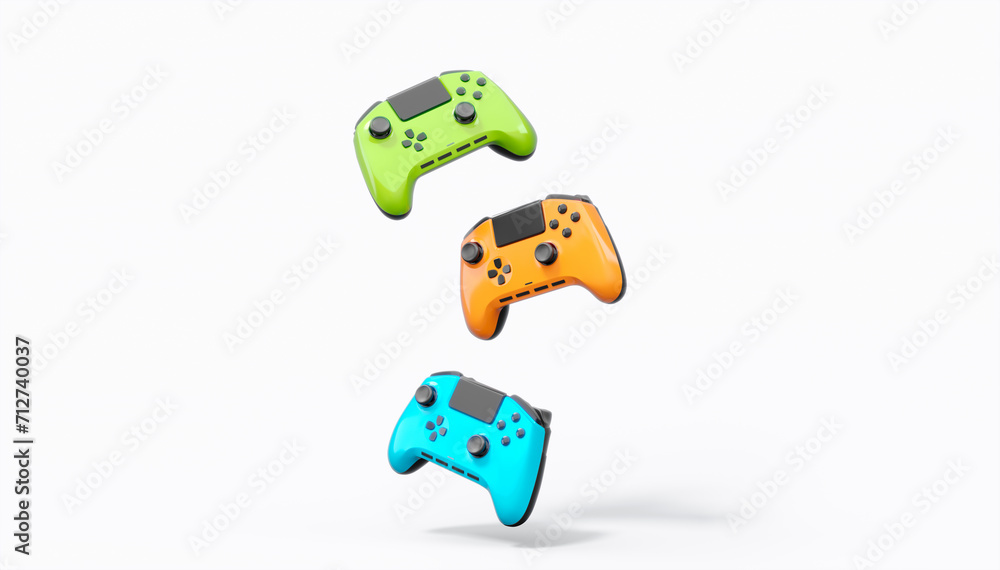 Wall mural realistic colorful video game joysticks or gamepads with color buttons on white