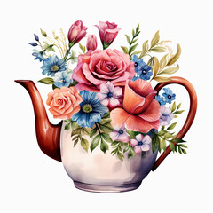 water color bouquet of flowers in a tea pot clip art 