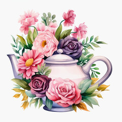water color bouquet of flowers in a yea pot clip art 