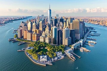 Fototapeten Aerial Photo of Manhattan Island with Office and Apartment Buildings. Hudson River Scenery with Yachts, Boats, One World Trade Center Skyscraper in the Middle of Skyline © Shami