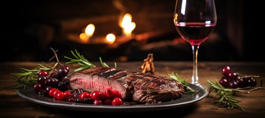 Savory beef steak served with a glass of rich red wine in a charming and atmospheric restaurant