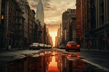 new york city street in sunset - obrazy, fototapety, plakaty