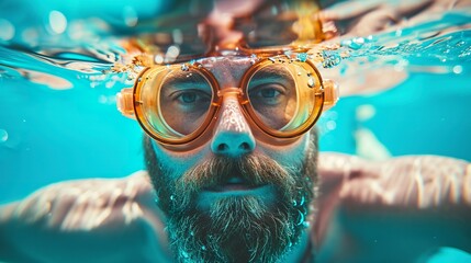 Portrait of a man immersed in sparkling pool wearing glasses. Man with glasses enjoying the cool of the water in a glowing aquatic environment.