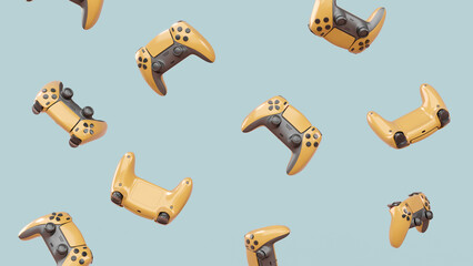 Realistic video game joysticks or gamepads rotating and falling on grey © Vasyl Onyskiv