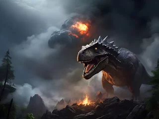 Photo sur Aluminium Dinosaures Dinosaurier, nachdem ein eingeschlagener Asteroid ein Inferno angerichtet hat 