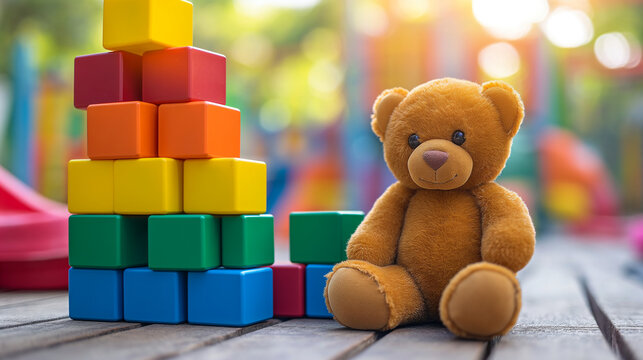 Children's of toy accessories. Colorful cildren's toys on table, wooden, plastic and plush toys. 
