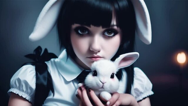Sad girl holding a white rabbit