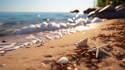 A seashell-studded shoreline under the gold -Generative Ai