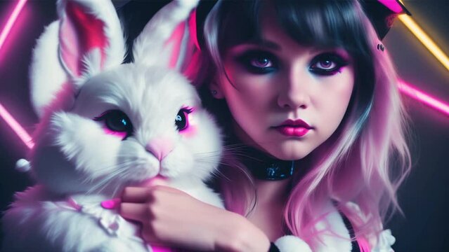 Sad girl holding a white rabbit