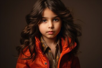 portrait of a beautiful little girl with long curly hair in an orange jacket