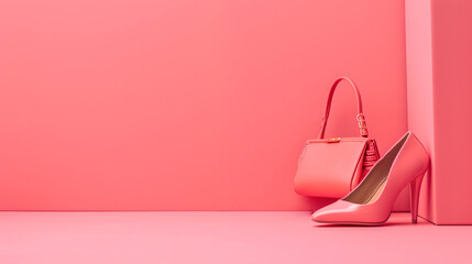 Plastic toy legs with high heels and little bag on pastel pink background. Generative Ai