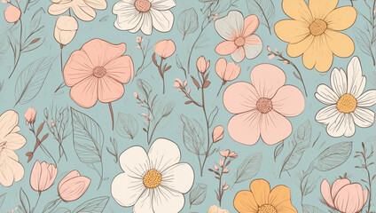Fototapeta na wymiar Illustrated seamless background of Spring flowers on a blue background.