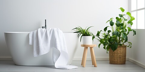 Botanical style bathroom with white bath and towel on stool. - obrazy, fototapety, plakaty